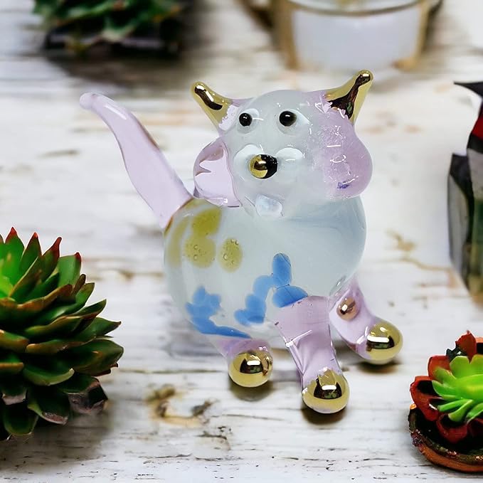 Tiny 1½" White Pink Yellow Blue Sitting Look Right Cat Figurine Miniature Hand Blown Glass Cats Kitten Feline Animals Cute Crystal Decorative Collectible Figurines Décor Gifts