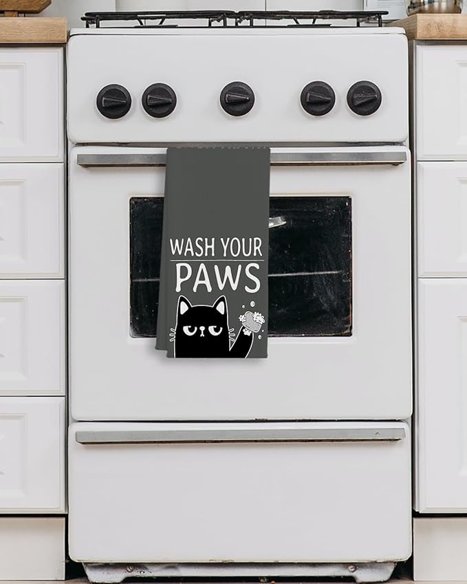 QIYUHOY Black Cat Dish Towels and Cloths, Wash Your Paws, Cat Theme Gifts for Lovers, Hand Towels, 24x16 Inch (Gray)