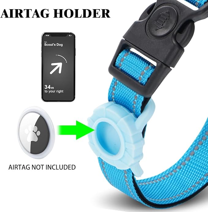 JSXD AirTag Dog Collar, Night Reflective Nylon Dog Collar for Small Medium Large Dogs,Lockable Quick Release Buckle,Padded Breathable Pet Collar with AirTag Holder (Blue, Small)