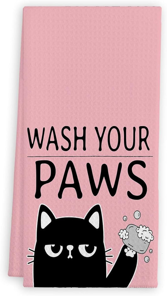 QIYUHOY Kitchen Towels and Dishcloths, 'Wash Your Paws', Cat Theme Gifts for Cat Lovers, Hand Towels, 24x16 Inch (Pink)