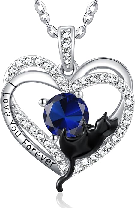 Birthstone Cat Necklaces,925 Sterling Silver Cat Necklace Heart Pendant for Women,Dainty Animal Jewelry for Her,Wedding Anniversary Birthday Gifts for Women Mom Grandma