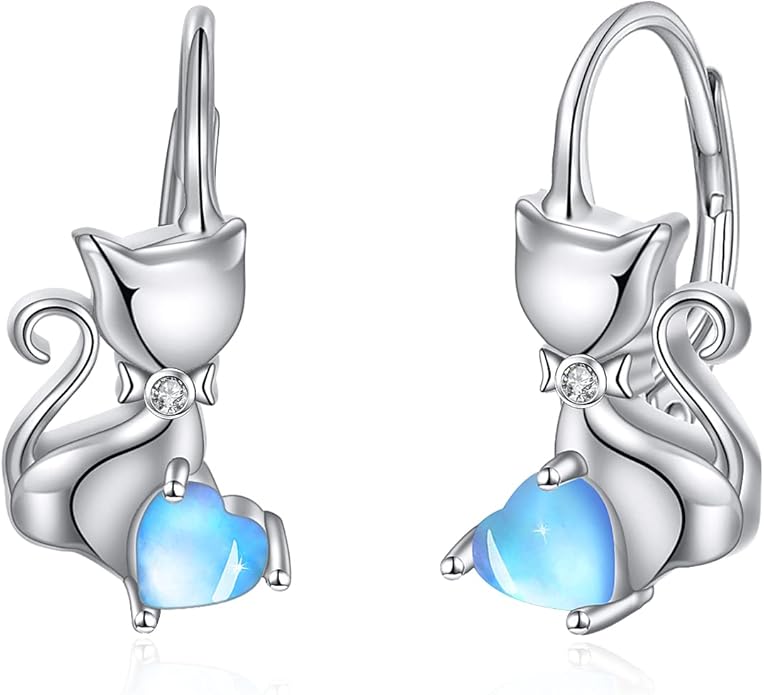 Cat Gifts Earrings Sterling Silver Cute Small Animal Cats Dangle Leverback Jewelry Gifts for women cat Lovers