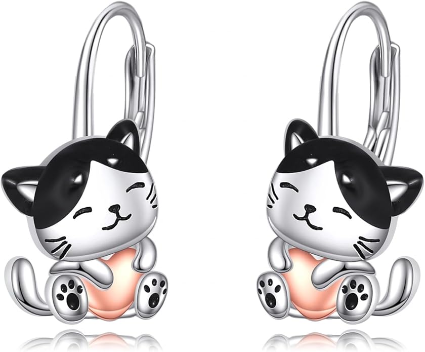 Cat Gifts Earrings Sterling Silver Cute Small Animal Cats Dangle Leverback Jewelry Gifts for women cat Lovers
