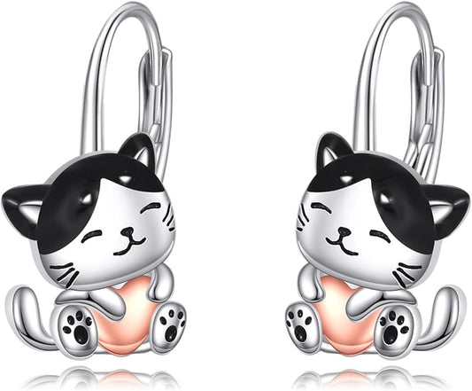 Cat Gifts Earrings Sterling Silver Cute Small Animal Cats Dangle Leverback Jewelry Gifts for women cat Lovers