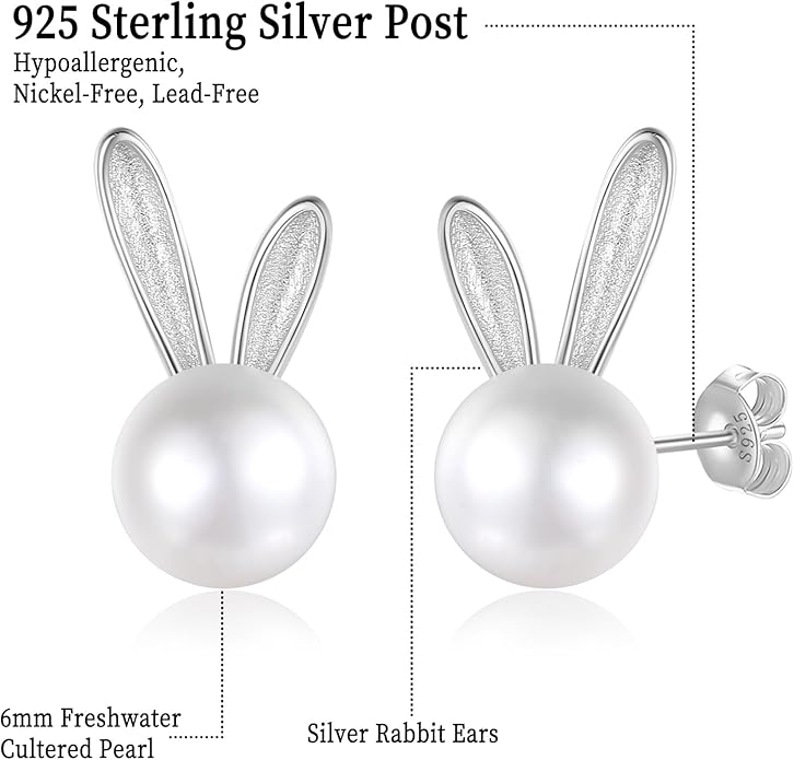 Rabbit Cat Earrings Freshwater Pearl Earrings Sterling Silver Stud Earrings for Women Gifts