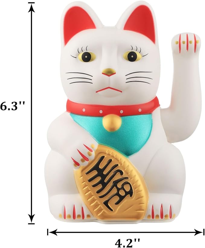 Maneki Neko Lucky Cat,Fengshui Cat- Waving Arm Battery Operated for Fortune Money and Good Luck (White, 6 in)