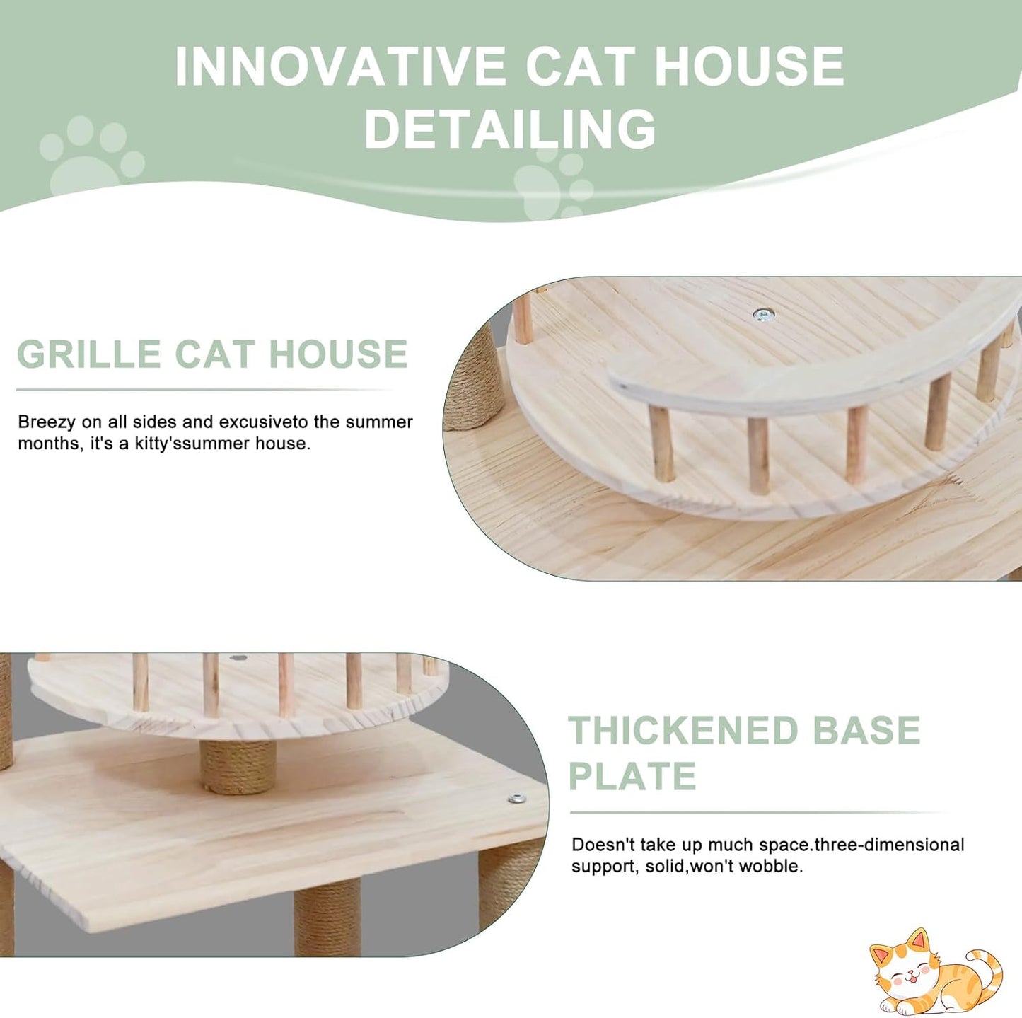 Wood Cat Tree 17” x 16”x 53” Modern Sturdy Cat Tower with Double Condos Hand-Woven Beds & Toys Multilevel Huge Paws Pals Tree Indoor Cat Furniture for Big Cats