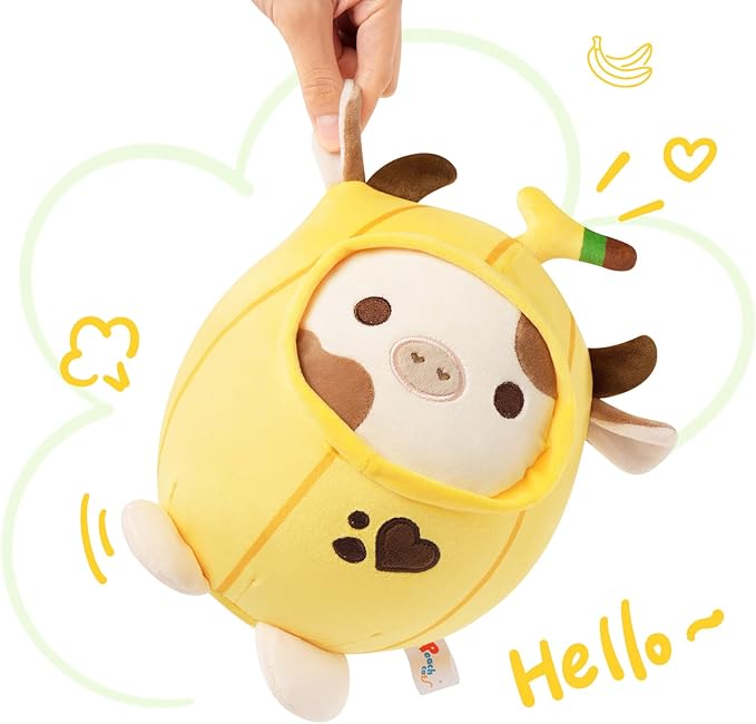 PEACH CAT Cute Banana Cow Plush Pillow Banana Cow Stuffed Animal Cow plushie with Banana Outerwear for Kids Yellow 8"