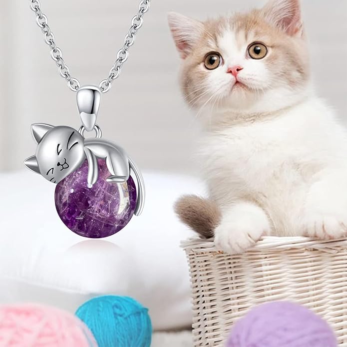 Natural Gemstone Cat Necklace for Women 925 Sterling Silver Cute Kitten Pendant with Genuine Turquoise/Rose Quartz/Amethyst/Larimar/Labradorite/Moss Agate/Blue Sandstone Jewelry Gifts
