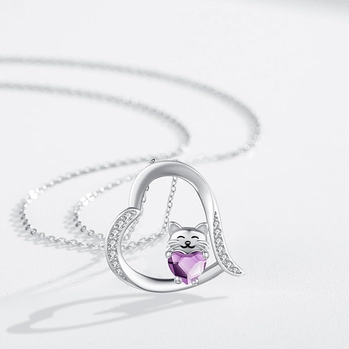 JUSTKIDSTOY Sterling Silver Cute Animal Pendant Necklace with Crystal Cat Pendant - Women's Cat Lovers Jewelry Gift