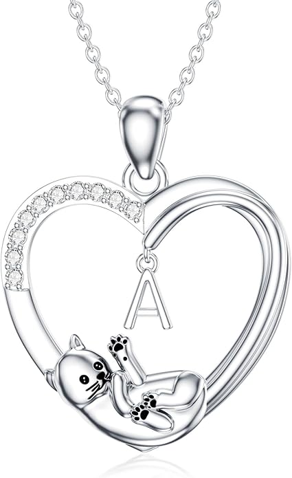 LONAGO Cat Heart Necklace with Initial Silver Cat Initial Necklace 26 Alphabets Cat Jewelry Gift for Women