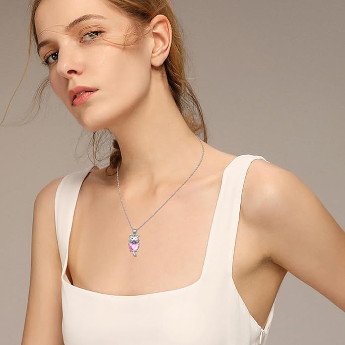 JUSTKIDSTOY Sterling Silver Cute Animal Pendant Necklace with Crystal Cat Pendant - Women's Cat Lovers Jewelry Gift