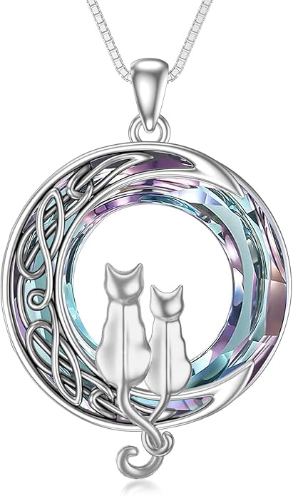 TOUPOP Cat Gifts for Cat Lovers 1 2 3 Cats Necklace Sterling Silver Cat on the Moon Pendant Necklace with Blue Circle Crystal Birthday Christmas Celtic Jewelry Gifts for Women