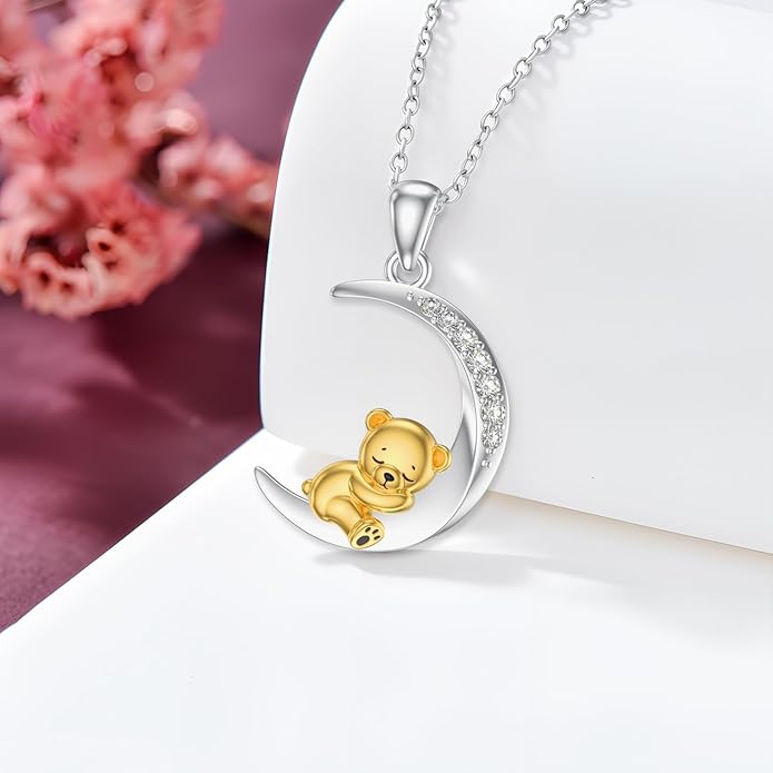 Diamond Black Cat/Red Panda/Sloth/Deer/Unicorn Necklace for Women 925 Sterling Silver Sleeping Animal and Moon Pendant with Lab Grown Diamonds Jewelry Gifts