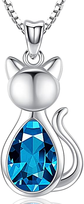 Odinstone Cat Birthstone Necklaces Jewelry Sterling Silver Cat Pendant Necklace Gift for Women Gifts, 18'' Silver Box Chain Women's Birthstone Crystal Cat Jewelry Gifts