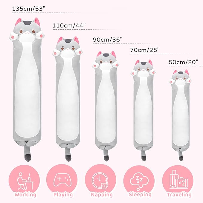 Long Cat Plush Cat Body Pillow, 44 Inch Cute Gray Cat Stuffed Animals Soft Plushies, Kitten Kawaii Plush Throw Pillow Doll Toy Gift for Girlfriend