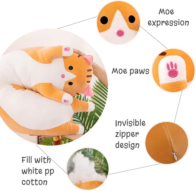 Long Yellow Cat Plush Pillow Toy Sleeping Pillow Cute Cartoon Cat Stuffed Animals Soft Long Body Pillow Gift for Kids (19.68in)