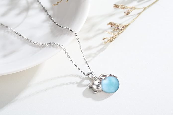 Natural Gemstone Cat Necklace for Women 925 Sterling Silver Cute Kitten Pendant with Genuine Turquoise/Rose Quartz/Amethyst/Larimar/Labradorite/Moss Agate/Blue Sandstone Jewelry Gifts