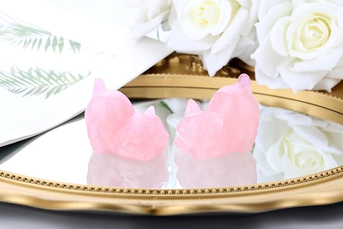 Rose Quartz Cat Crystal Statue Pink Carved Room Decor Figurines for Healing Stone Crystals Home Lazy Cute Sculpture Spiritual Natural Gemstones Cat Lover for Women Lovers