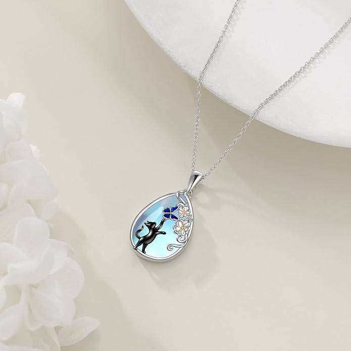 KQF Cat/Dragonfly/Owl/Angel Wings Necklace for Women Sterling Silver Moonstone Pendant Necklaces Animal Jewelry Mother'S Day Gifts for Cat Lover Teen