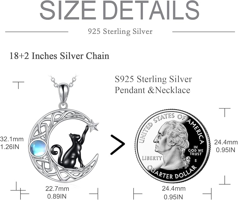 Celtic Moon Black Cat Necklace for Women - Abalone Tree of Life Sterling Silver Cat Lovers Jewelry