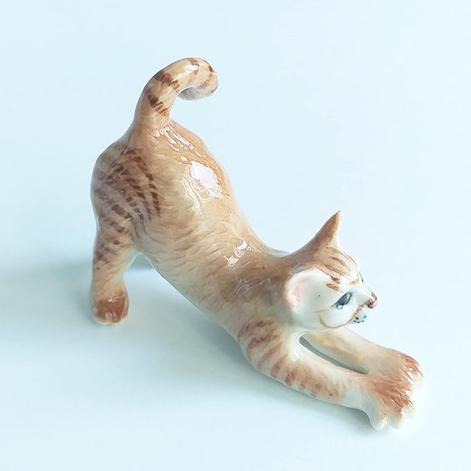 Ceramic Cat Figurine Porcelain Kitten Stretching Post Adorable Pet Kitty Collectible Miniature Hand Painted Animal Gift Decor Calico Brown Tabby