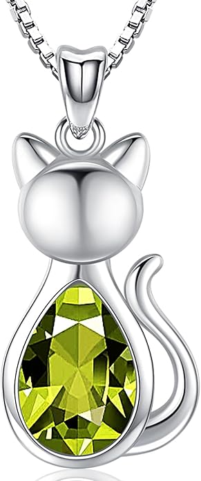 Odinstone Cat Birthstone Necklaces Jewelry Sterling Silver Cat Pendant Necklace Gift for Women Gifts, 18'' Silver Box Chain Women's Birthstone Crystal Cat Jewelry Gifts