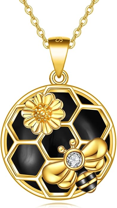 LUHE Bee Necklace 925 Sterling Silver Honeycomb Cute Flower Pendant Necklaces for Women Gifts for Her Women