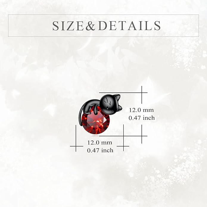 Sterling Silver Birthstone Black Cat Stud Earrings - Cat Birthstone Earrings for Women's Birthday Gift