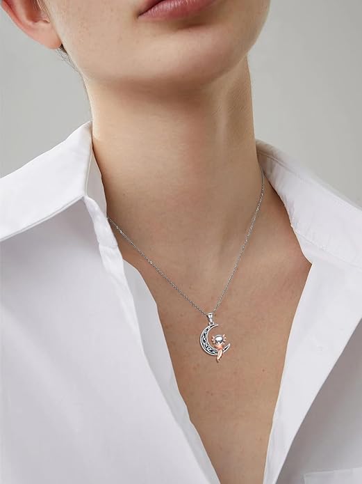 Fox/Cat/Axolotl/Sloth/Panda Necklace Crescent Moon Necklace 925 Sterling Silver Cute Animal Jewelry as Birthday Mothers Day Gifts for Women