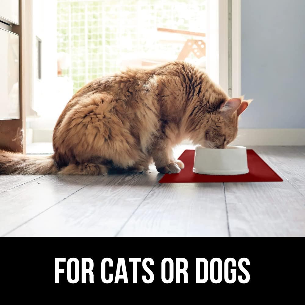 GORILLA GRIP 100% Waterproof Raised Edge BPA Free Silicone Pet Feeding Mat, Dog Cat Food Mats Contain Spills Protects Floors, Placemats for Cats and Dogs Water Bowl, Pets Accessories 32x24 Red