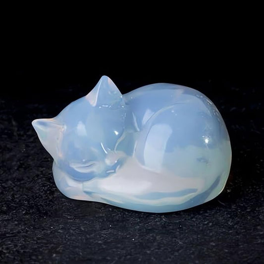OwMell Tiny Sleeping Cat Statue Hand-Carved Healing Stone Gemstone Little Kitten Statue Figurine 2" - Opal Small