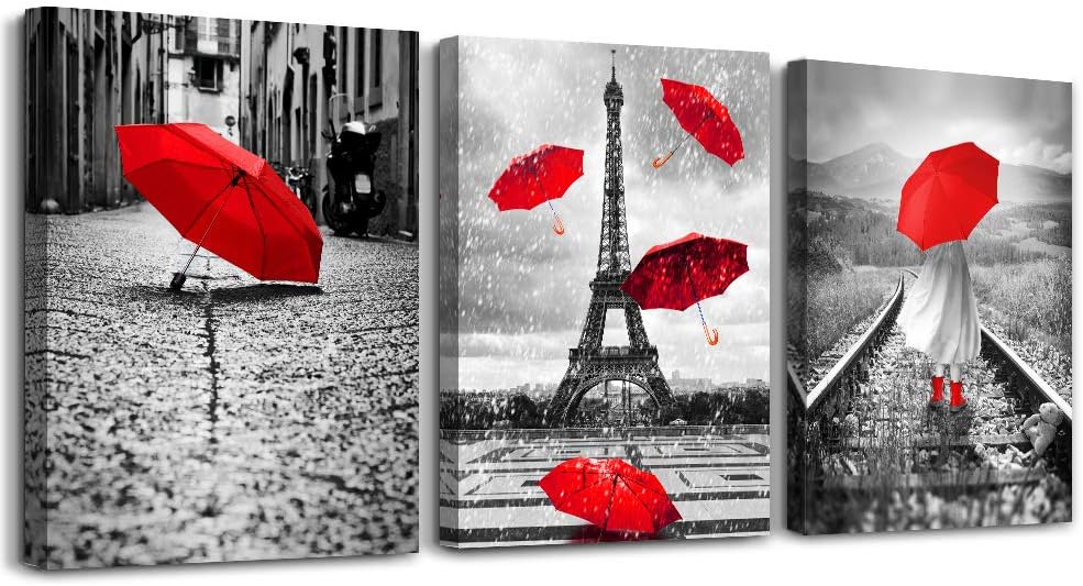 Black and white landscape Eiffel Tower 3 Piece Wall Art for Living Room Bathroom Decorations Kitchen Wall decor modern red umbrella Poster Canvas Print Office Bedroom Home Decoration wall paintings