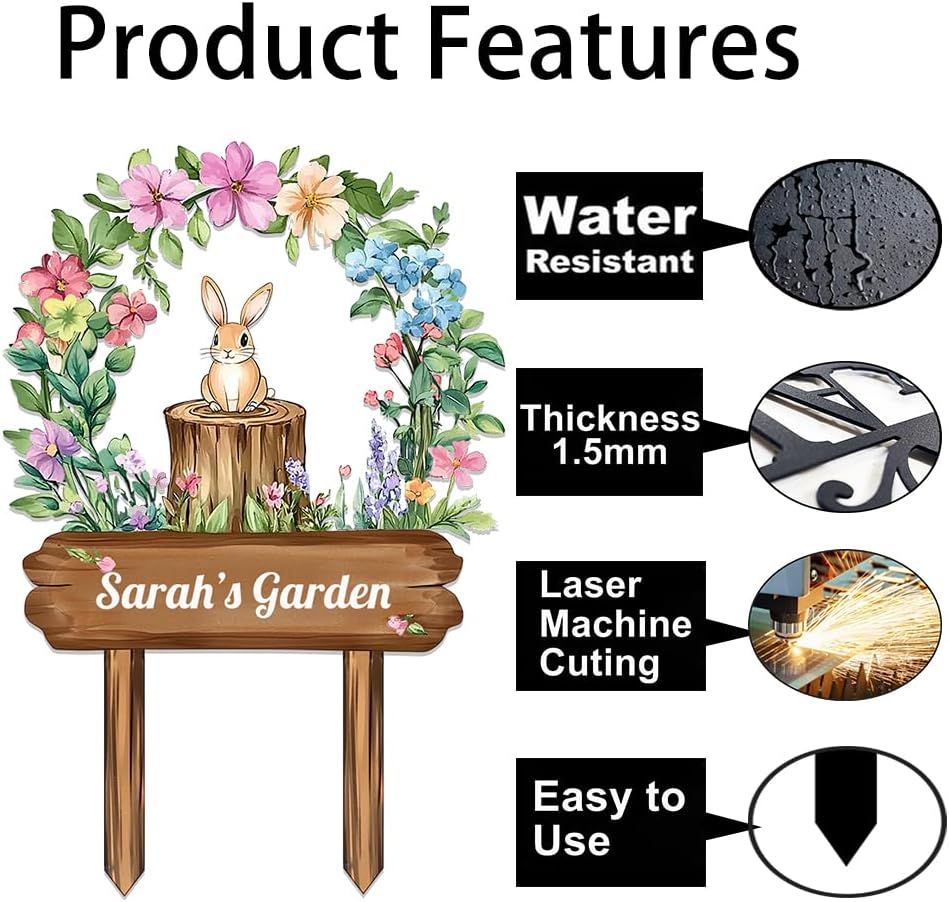 Personalized Rabbit Metal Sign with Stake,Custom Gardener Last Name Signs Outdoor Decor,Customized Flowers Gardening Birthday Gifts,Cute Animal Plaques for Patio Lawn Porch Backyard Farmhouse Outside