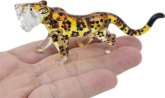 ChangThai Design Tiny 3½" Yellow Black Spotted Roaring Leopard Cheetah Jaguar Figurine - Miniature Hand Blown Glass Wild Cats Wildlife Felidae Animal Crystal Decorative Collectible Figures Décor Gifts