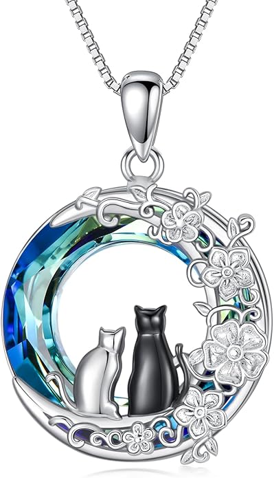 TOUPOP Cat Gifts for Women Sterling Silver Cat Necklaces with Circle Crystal Cat Lovers Jewelry Gifts for Women Girls Birthday Christmas