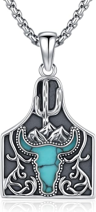 Midir&Etain Western Necklace 925 Sterling Silver Turquoise Pendant Cow Skull/Hat/Tag/Cactus Cowgirl Country Jewelry for Women Men