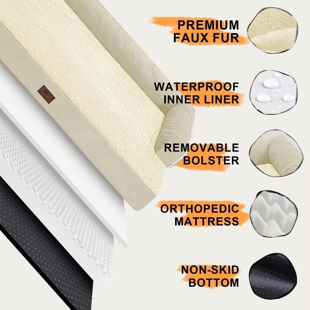 Large Dog Bed Orthopedic Washable - Waterproof with Removable Cover - Memory Foam - XXL Large Big Dogs - Beds Bolster Pet - Couch Sofa - Beige Dog Bed