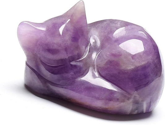 Top Plaza 1.6" Amethyst Cat Crystal Statue Cute Sleeping Cat Figurine Polished Carved Gemstones Sculpture Home Office Desk Decor Balancing Meditation Crystal Gifts for Women Cat Lover