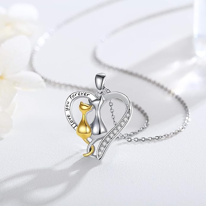 CHENGHONG Cat Necklaces 925 Sterling Silver Jewelry Cute Double Two-Tone Cat Pendant Cubic Zirconia Necklace I love you forever for Cat Lover Jewelry Gifts for Women