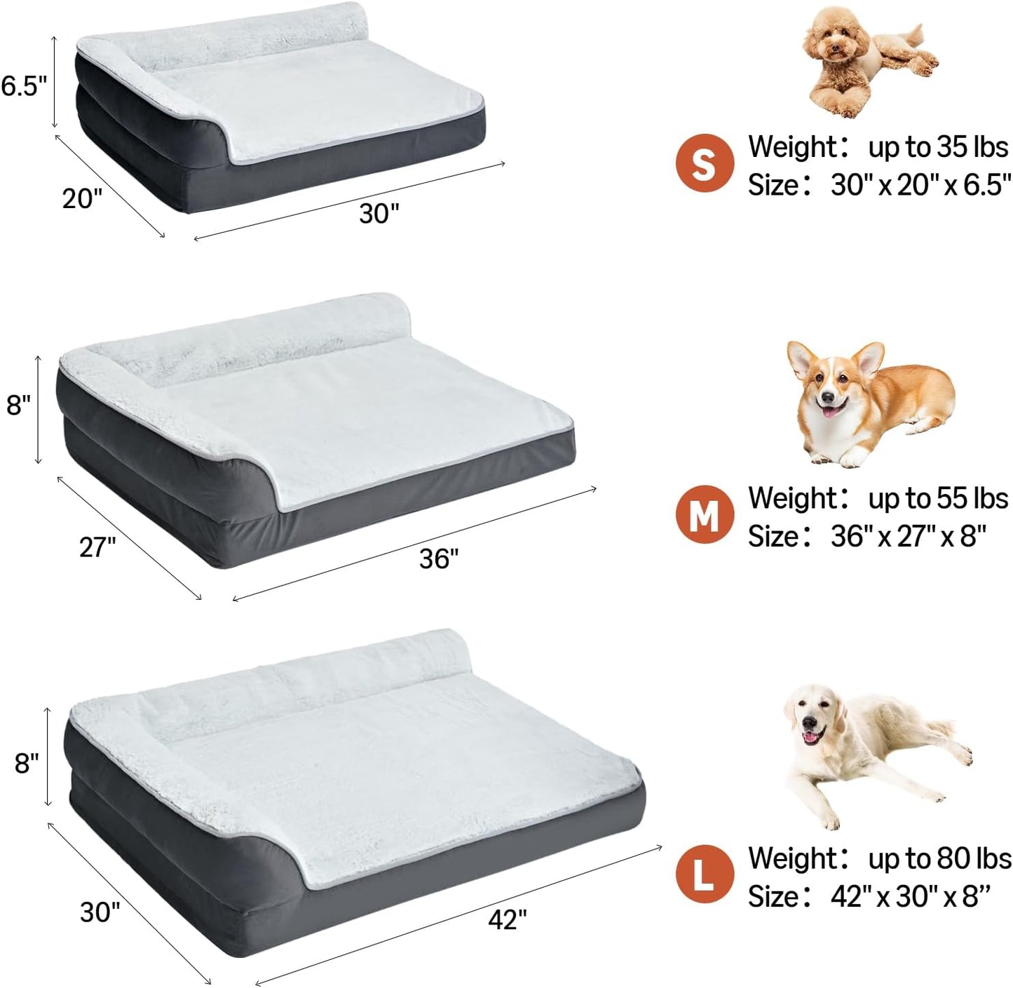 Amazon Basics Washable L-Shaped Dog Bed for Small Dogs, Anti-Slip Pet Sofa Bed for Indoor Dogs, Crate Bed, 30x20x6.5 Inches, Gray