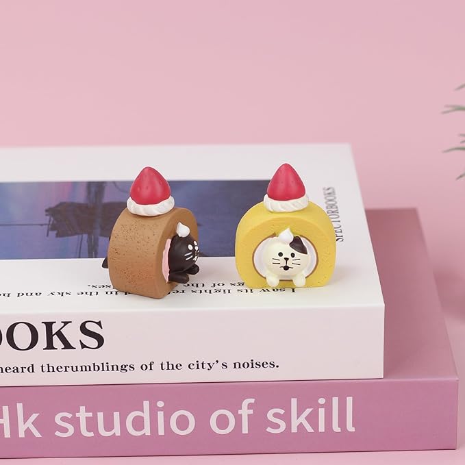 Cute Miniature Cat Figurine Resting on Swiss Roll Resin Mini Cat Figures, Kitten Miniature Desk Accessories - Perfect Cute Cat Gift for Cat Lovers