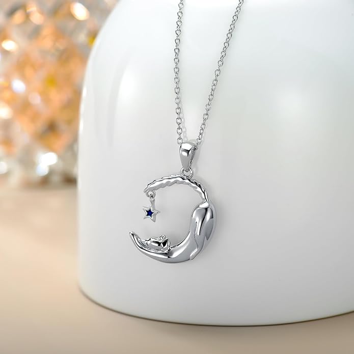 Cat Necklace 925 Sterling Silver Cat Pendant Necklace Cute Animal Jewelry Gift for Women Mother Grandma