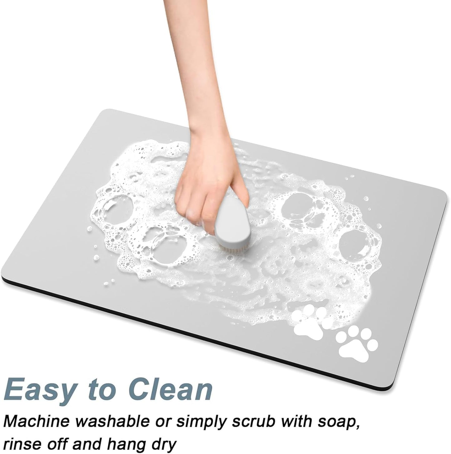 Rnivvi Dog Food Mat, 16" x 24" Footprint Absorbent Dog Cat Bowl Mat for Food and Water, Cute Anti-Slip Rubber Pet Feeding Rug Protect Floors, Puppy Placemat for Feeding & Watering Supplies, Gray