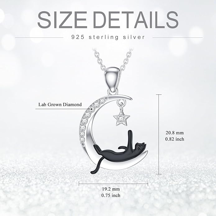 Diamond Moon and Cat Necklace for Women 925 Sterling Silver Black Cat on the Moon Pendant with Lab Grown Diamonds Jewelry Gifts