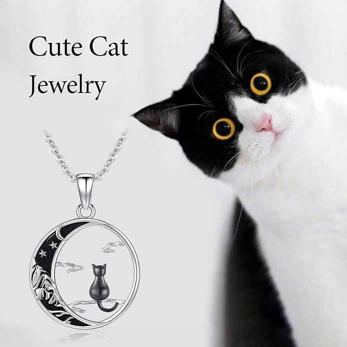 Odinstone Cat Necklace, S925 Sterling Silver Cat on Moon Pendant with Cubic Zirconia, Cat Jewelry Mothers Day Gifts for Mum with Gift Package - I Love You Forever