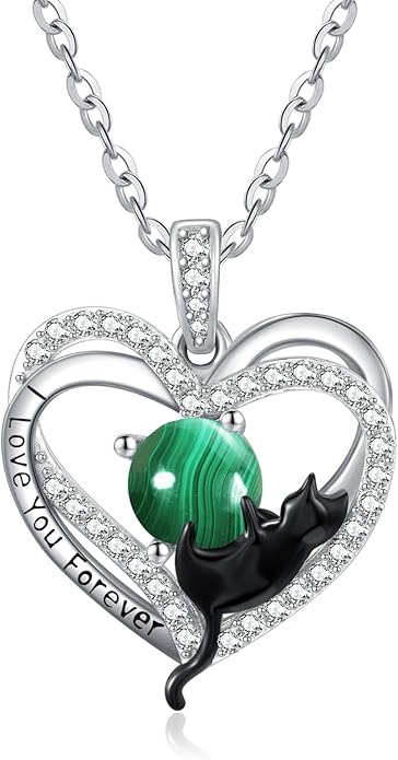 Birthstone Cat Necklaces,925 Sterling Silver Cat Necklace Heart Pendant for Women,Dainty Animal Jewelry for Her,Wedding Anniversary Birthday Gifts for Women Mom Grandma