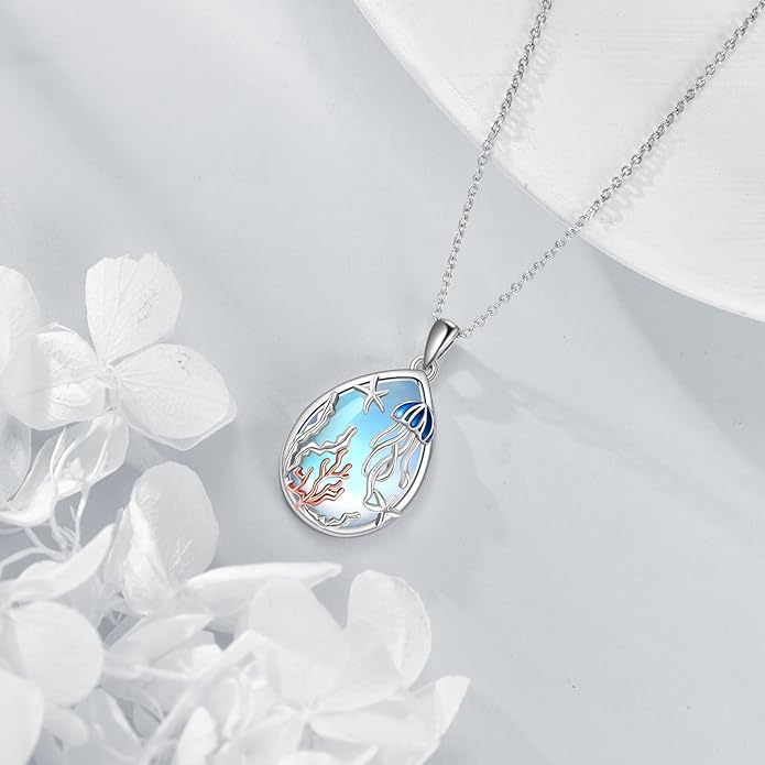 KQF Dragonfly/Butterlfy/Cat/Jellyfish/Bunny/Axolotl/Bee/Mermaid/Hummingbird/Elephant Necklace for Women Sterling Silver Moonstone Pendant Necklace Dragonfly Jewelry Gifts for Women