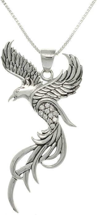 Sterling Silver CZ Eagle Phoenix Pendant Necklace 18"