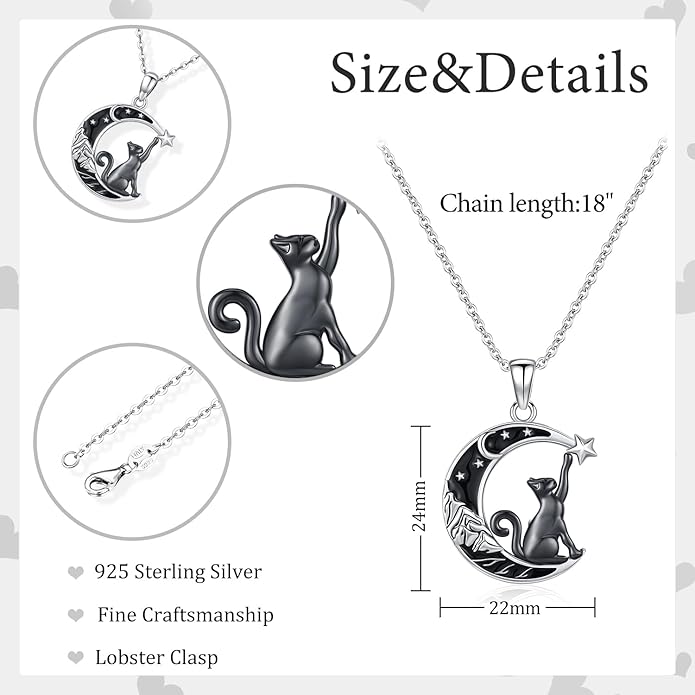 Odinstone Cat Necklace, S925 Sterling Silver Cat on Moon Pendant with Cubic Zirconia, Cat Jewelry Mothers Day Gifts for Mum with Gift Package - I Love You Forever